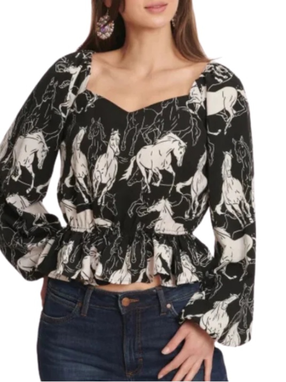 WRANGLER RETRO Horse-Print Black & White Peplum Blouse- Western- Rodeo-Cowboy
